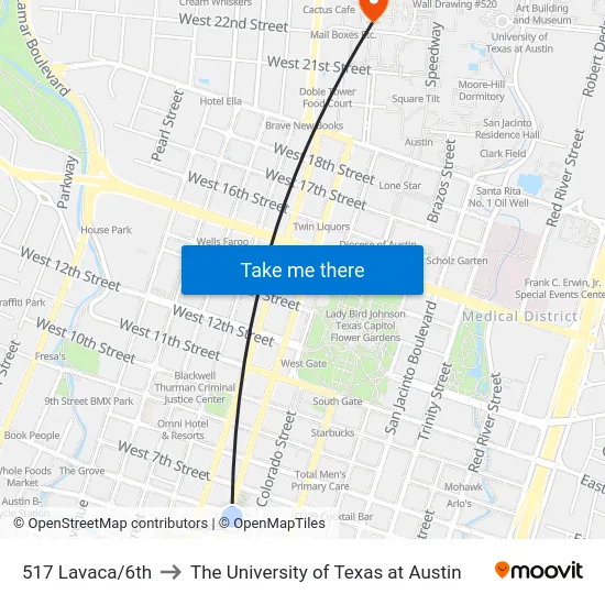 517 Lavaca/6th to The University of Texas at Austin map