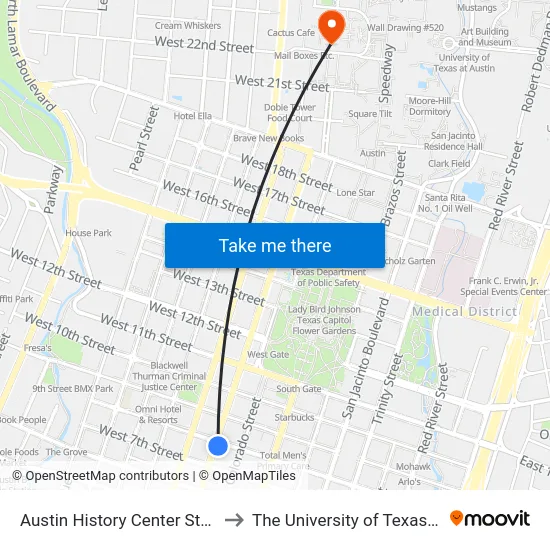 Austin History Center Station (Nb) to The University of Texas at Austin map
