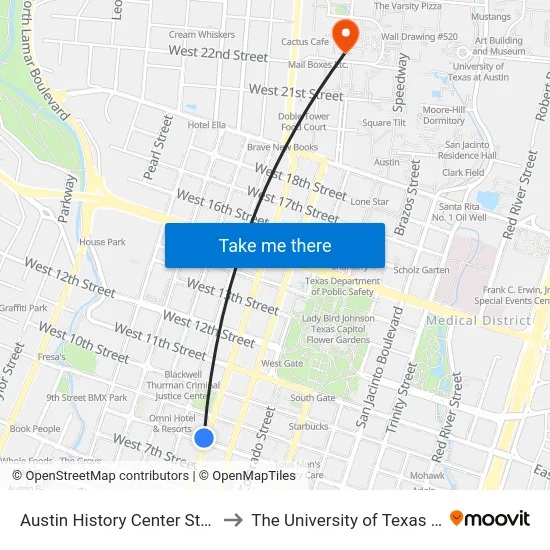 Austin History Center Station (Sb) to The University of Texas at Austin map