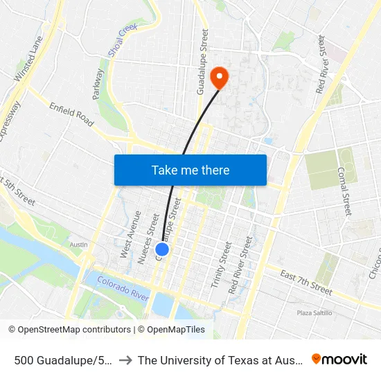 500 Guadalupe/5th to The University of Texas at Austin map