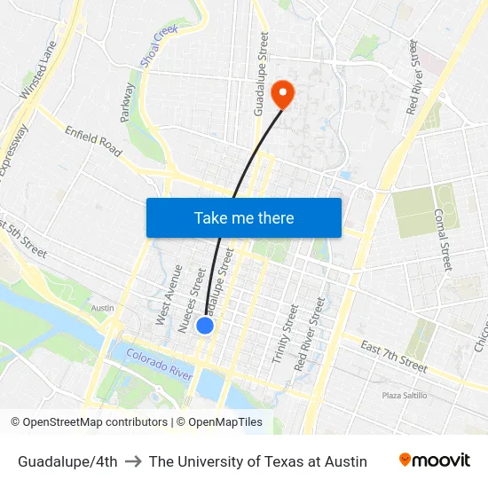 Guadalupe/4th to The University of Texas at Austin map