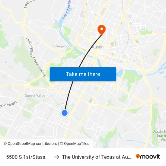 5500 S 1st/Stassney to The University of Texas at Austin map