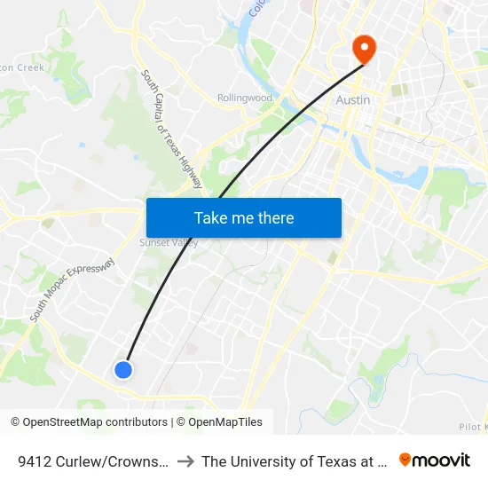 9412 Curlew/Crownspoint to The University of Texas at Austin map