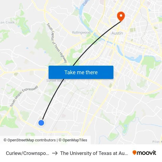 Curlew/Crownspoint to The University of Texas at Austin map