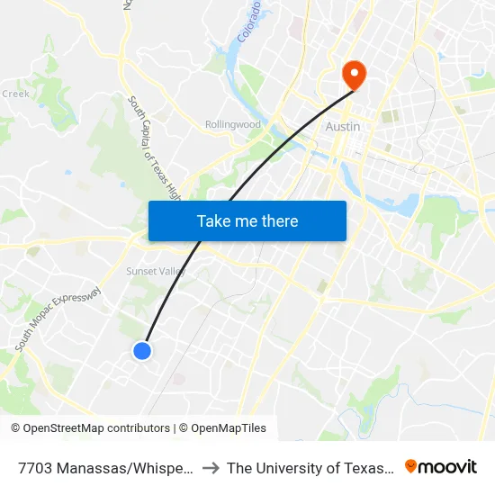 7703 Manassas/Whispering Oaks to The University of Texas at Austin map