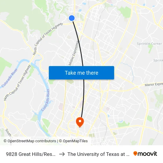 9828 Great Hills/Research to The University of Texas at Austin map