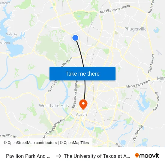Pavilion Park And Ride to The University of Texas at Austin map