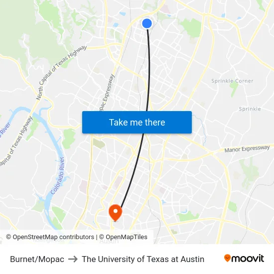 Burnet/Mopac to The University of Texas at Austin map