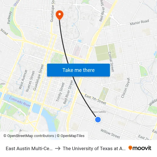 East Austin Multi-Center to The University of Texas at Austin map