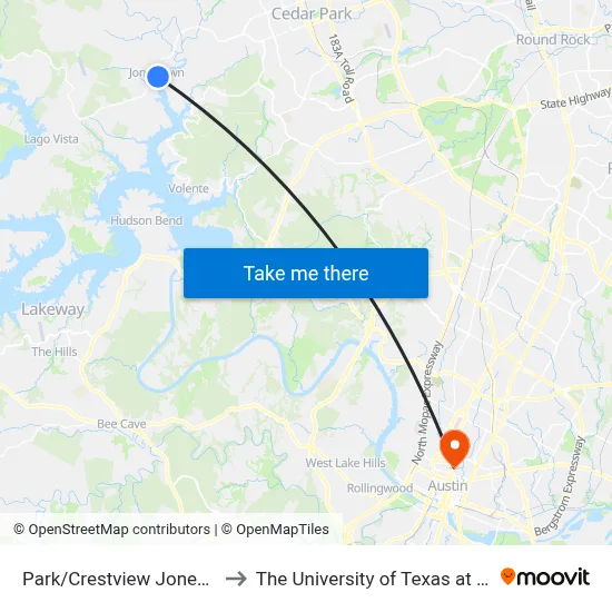 Park/Crestview Jonestown to The University of Texas at Austin map