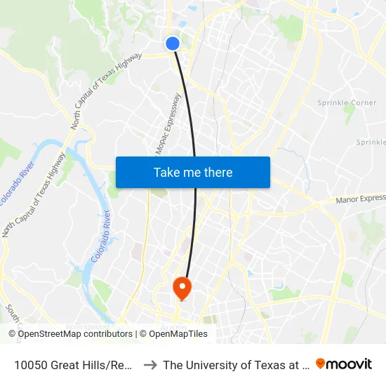 10050 Great Hills/Research to The University of Texas at Austin map