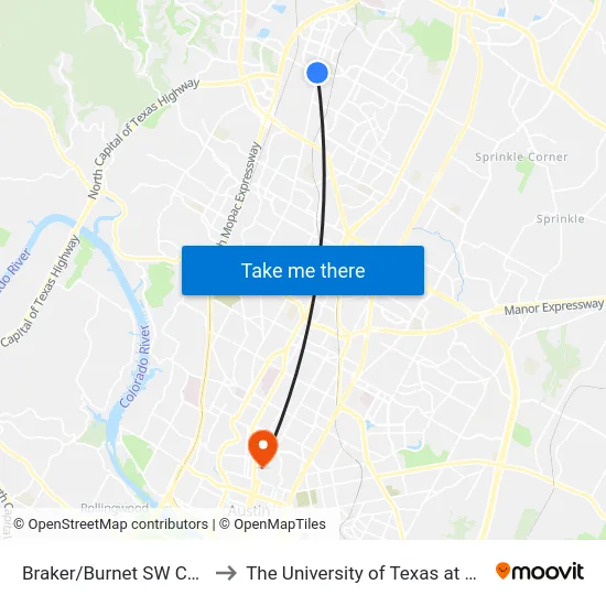 Braker/Burnet SW Corner to The University of Texas at Austin map