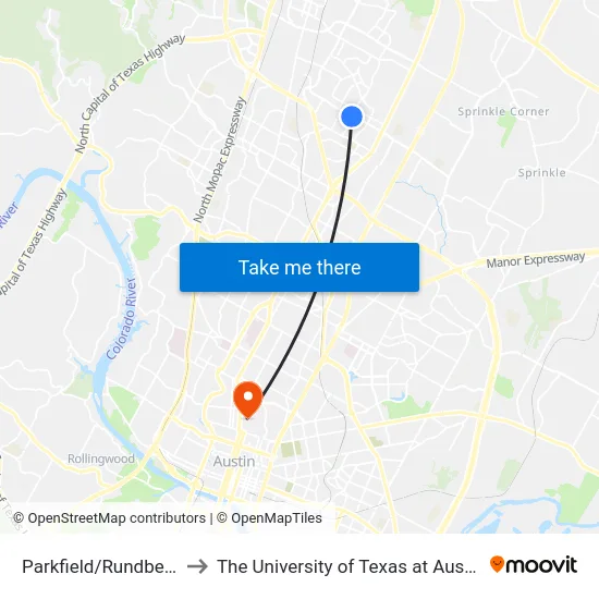 Parkfield/Rundberg to The University of Texas at Austin map