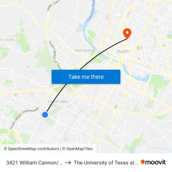 3421 William Cannon/Brodie to The University of Texas at Austin map