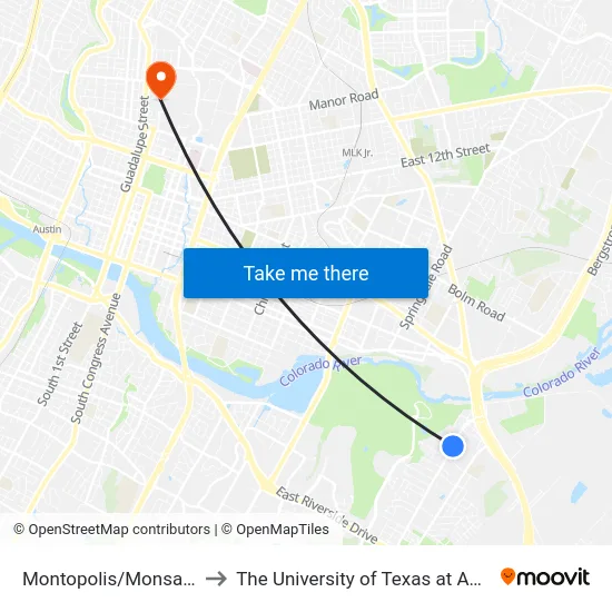 Montopolis/Monsanto to The University of Texas at Austin map