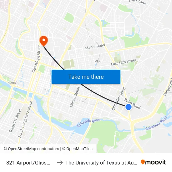 821 Airport/Glissman to The University of Texas at Austin map