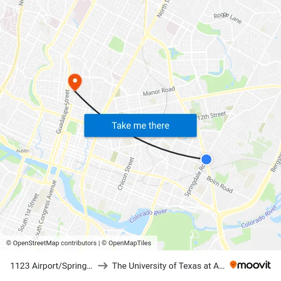 1123 Airport/Springdale to The University of Texas at Austin map