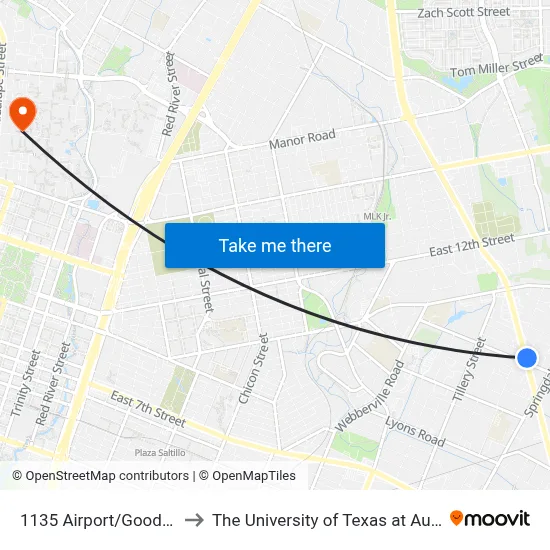 1135 Airport/Goodwin to The University of Texas at Austin map