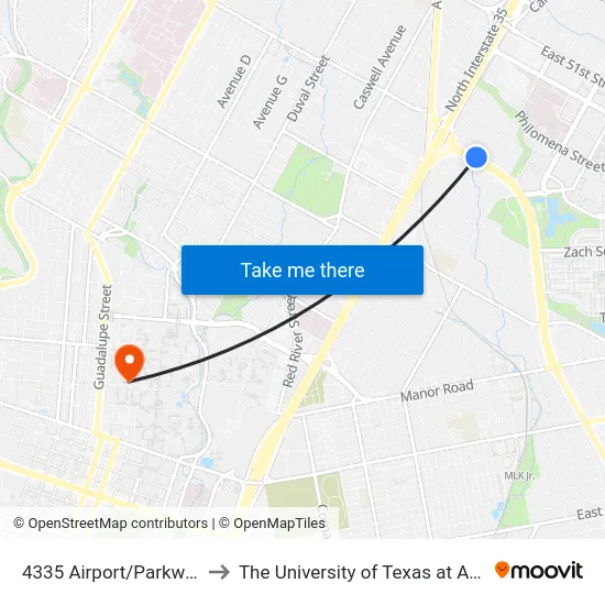 4335 Airport/Parkwood to The University of Texas at Austin map