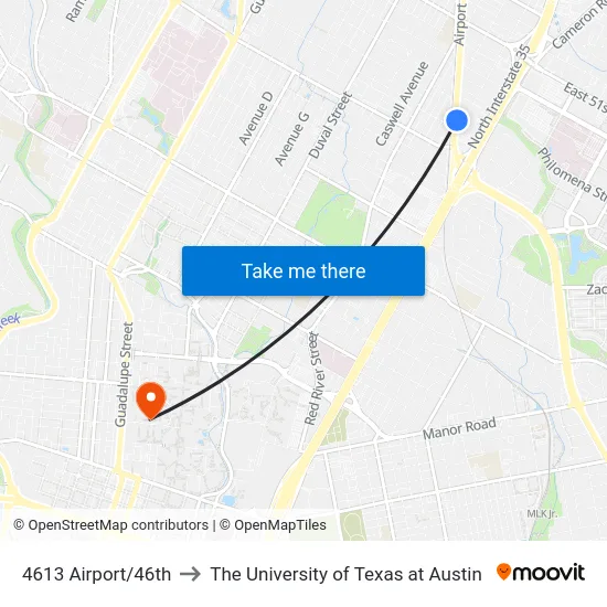 4613 Airport/46th to The University of Texas at Austin map