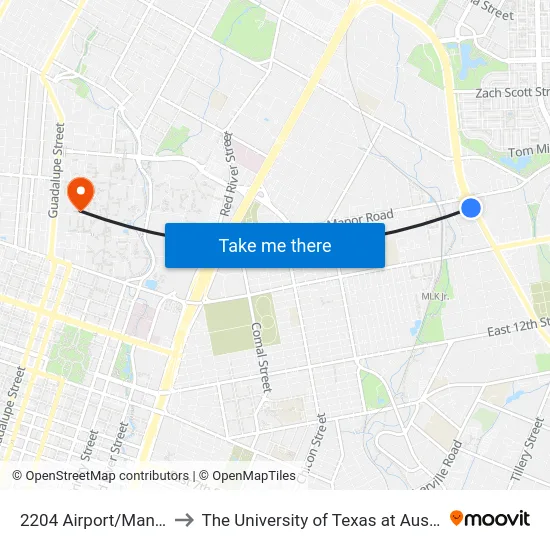 2204 Airport/Manor to The University of Texas at Austin map