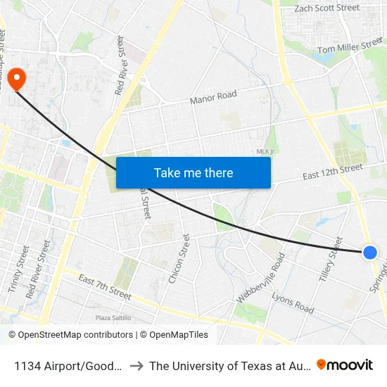 1134 Airport/Goodwin to The University of Texas at Austin map