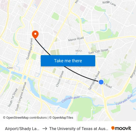 Airport/Shady Lane to The University of Texas at Austin map