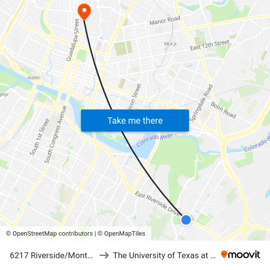 6217 Riverside/Montopolis to The University of Texas at Austin map
