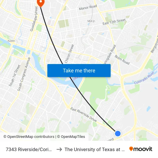 7343 Riverside/Coriander to The University of Texas at Austin map