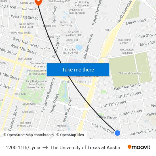 1200 11th/Lydia to The University of Texas at Austin map