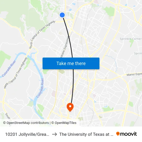 10201 Jollyville/Great Hills to The University of Texas at Austin map