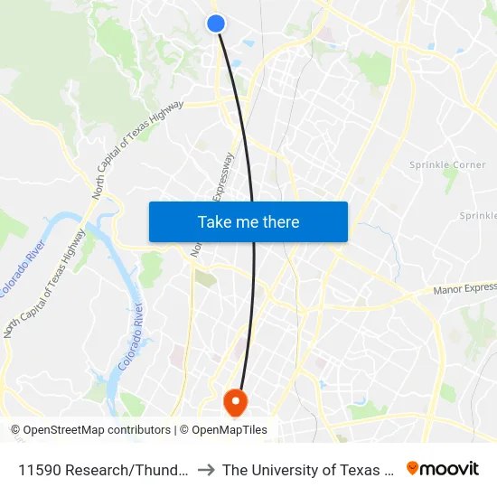 11590 Research/Thunder Creek to The University of Texas at Austin map