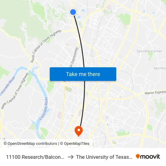 11100 Research/Balcones Woods to The University of Texas at Austin map