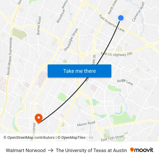 Walmart Norwood to The University of Texas at Austin map