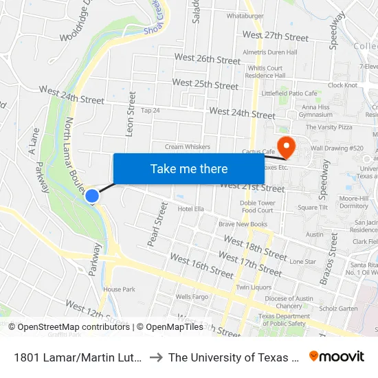 1801 Lamar/Martin Luther King to The University of Texas at Austin map