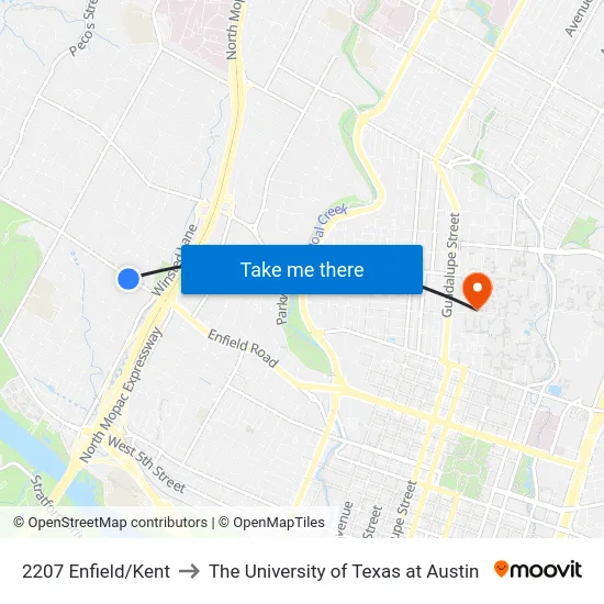 2207 Enfield/Kent to The University of Texas at Austin map