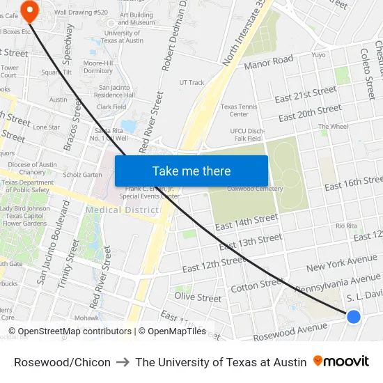 Rosewood/Chicon to The University of Texas at Austin map