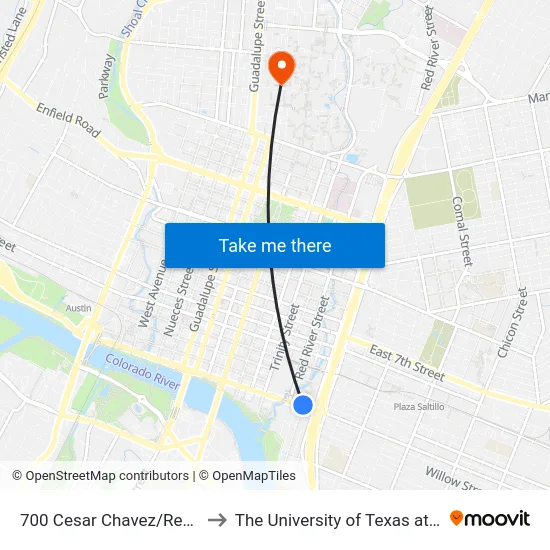 700 Cesar Chavez/Red River to The University of Texas at Austin map