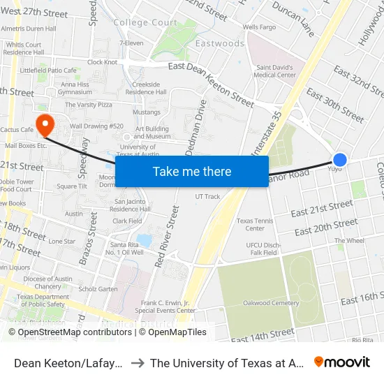 Dean Keeton/Lafayette to The University of Texas at Austin map