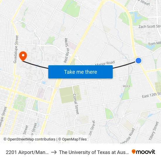 2201 Airport/Manor to The University of Texas at Austin map