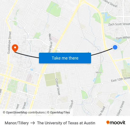 Manor/Tillery to The University of Texas at Austin map