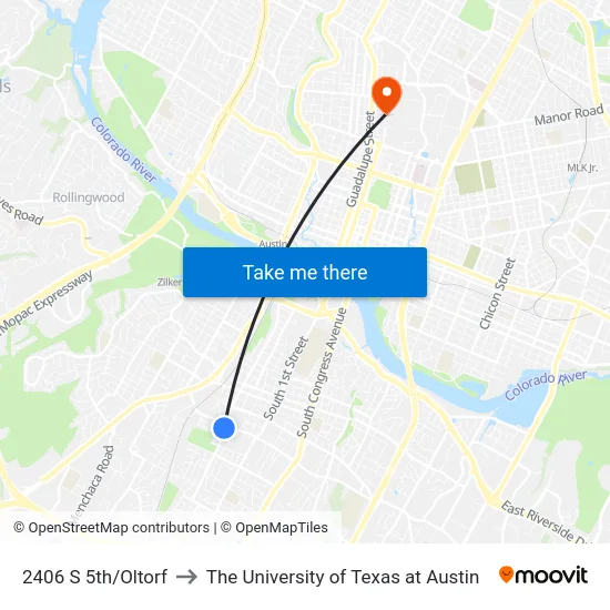 2406 S 5th/Oltorf to The University of Texas at Austin map