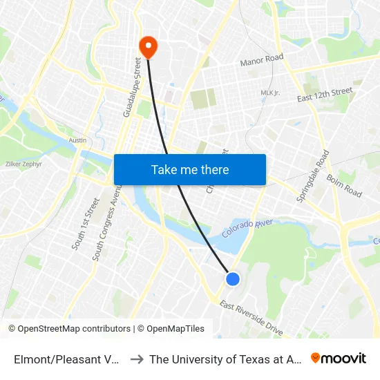 Elmont/Pleasant Valley to The University of Texas at Austin map