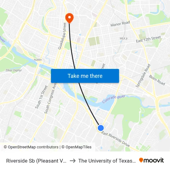 Riverside Sb (Pleasant Valley Heb) to The University of Texas at Austin map