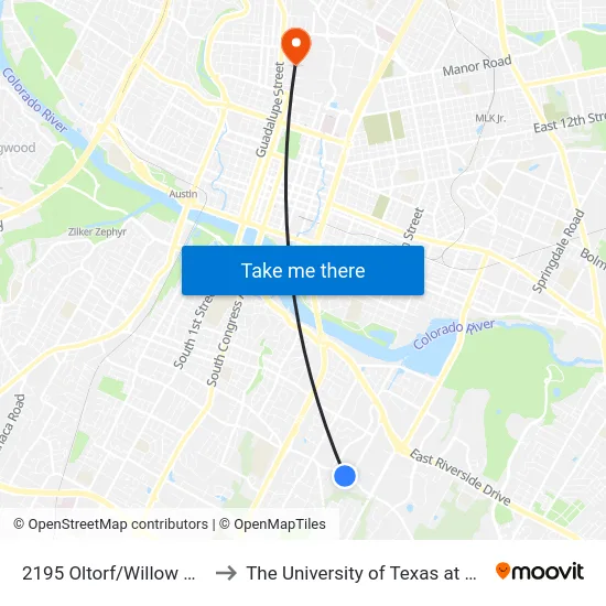 2195 Oltorf/Willow Creek to The University of Texas at Austin map