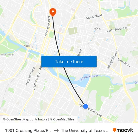 1901 Crossing Place/Riverside to The University of Texas at Austin map
