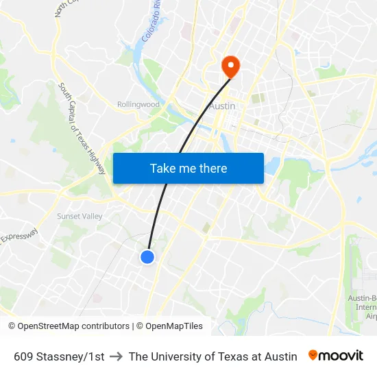 609 Stassney/1st to The University of Texas at Austin map
