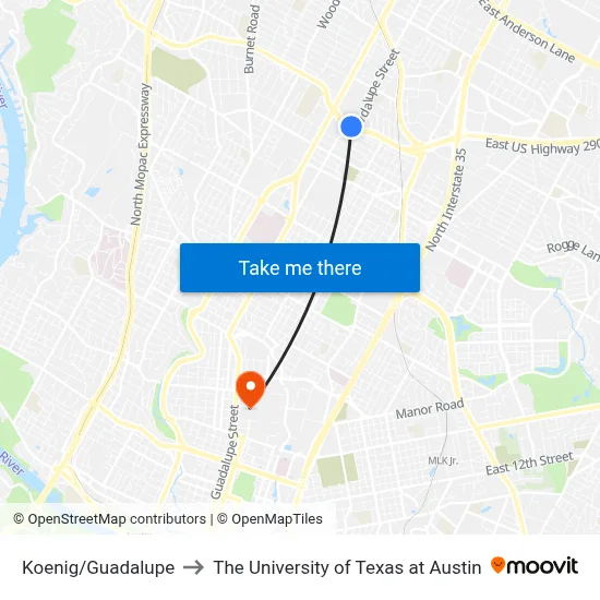 Koenig/Guadalupe to The University of Texas at Austin map