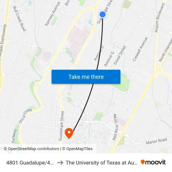 4801 Guadalupe/46th to The University of Texas at Austin map