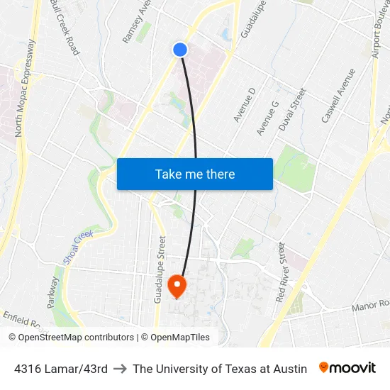 4316 Lamar/43rd to The University of Texas at Austin map